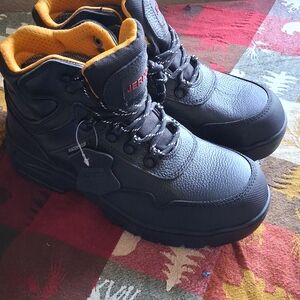 Men's Black and Orange Boots Steel Toe. New 6. 7.5 Women 260748